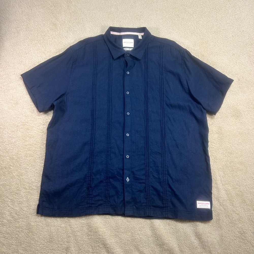Scotch Soda Amsterdam Men Short Sleeve Button Up Shirt Navy Blue Linen Blend XXL